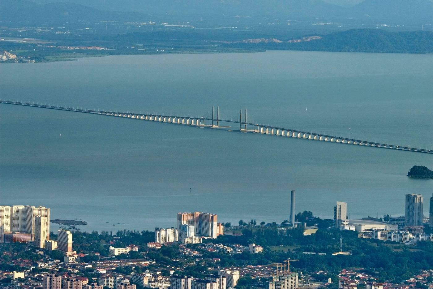Aerial view of Penang Bridge and the coastline of Penang, Malaysia